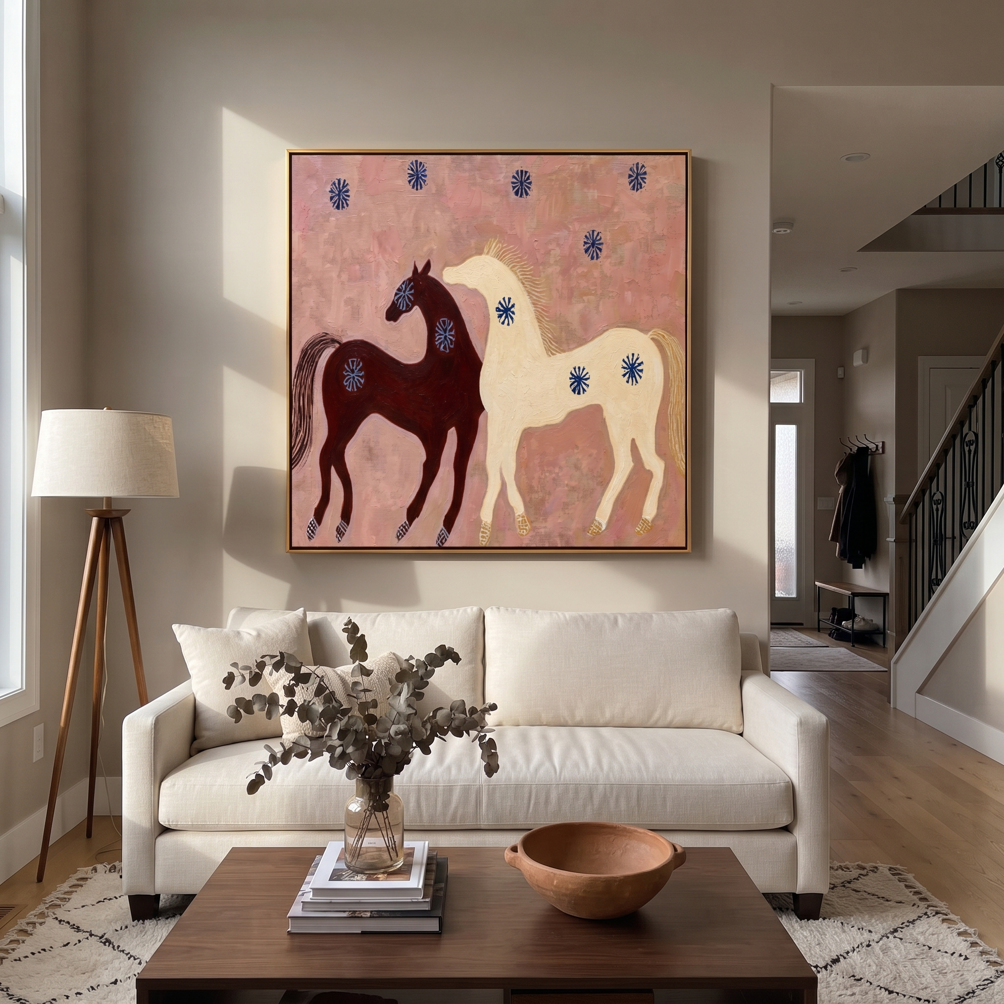 Western Stars Carry the Morning - two horse painting by Isabelle Laurent, modern Western square wall art – styled room scene view 5