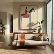 Gentle Strength Carry the Morning - figure and horse painting by Isabelle Laurent, modern Western vertical wall art – styled room scene view 1