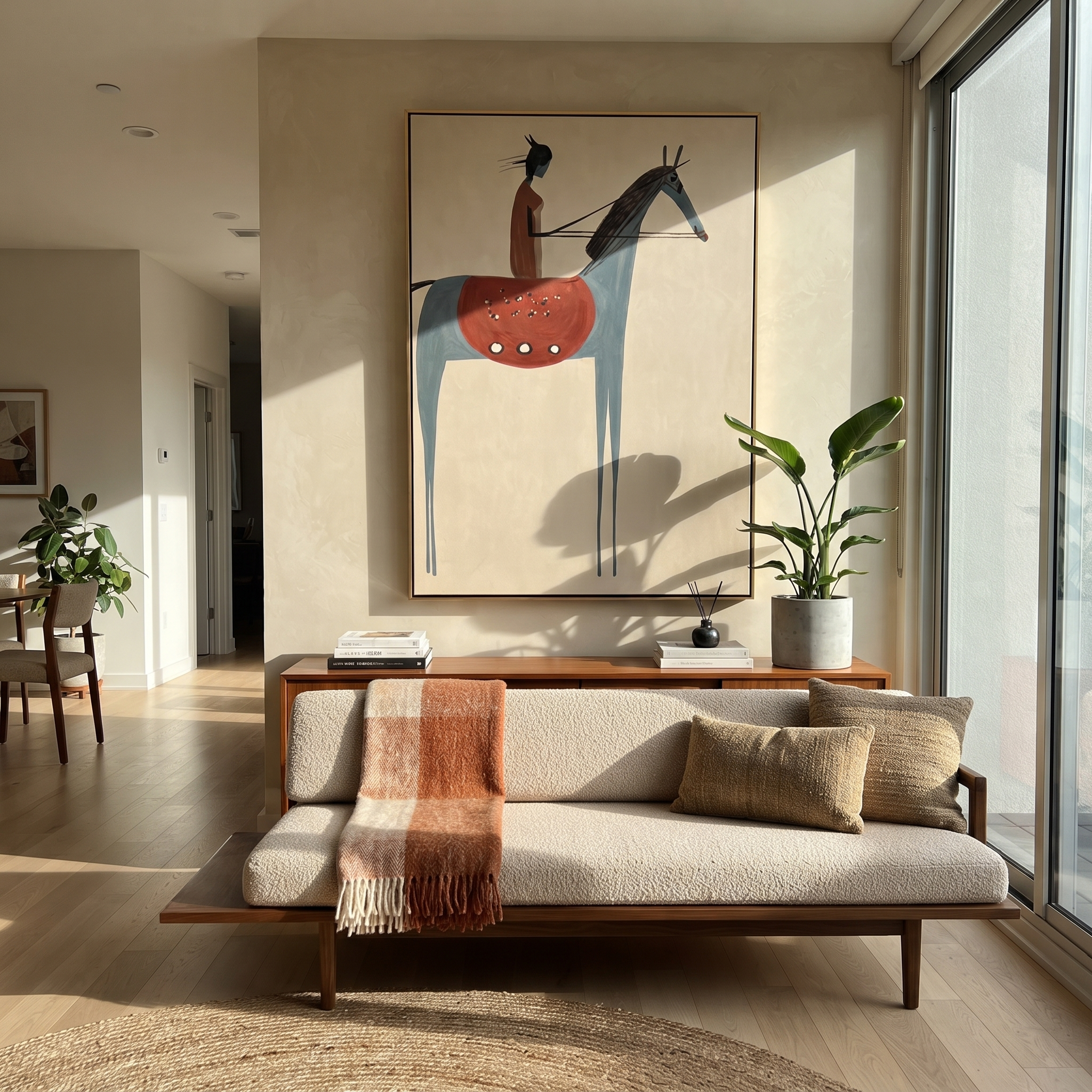 Gentle Strength Carry the Morning - figure and horse painting by Isabelle Laurent, modern Western vertical wall art – styled room scene view 1