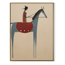 Gentle Strength Carry the Morning - figure and horse painting by Isabelle Laurent, modern Western vertical wall art – wood frame on white background