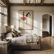 Gentle Strength Carry the Morning - figure and horse painting by Isabelle Laurent, modern Western vertical wall art – styled room scene view 2