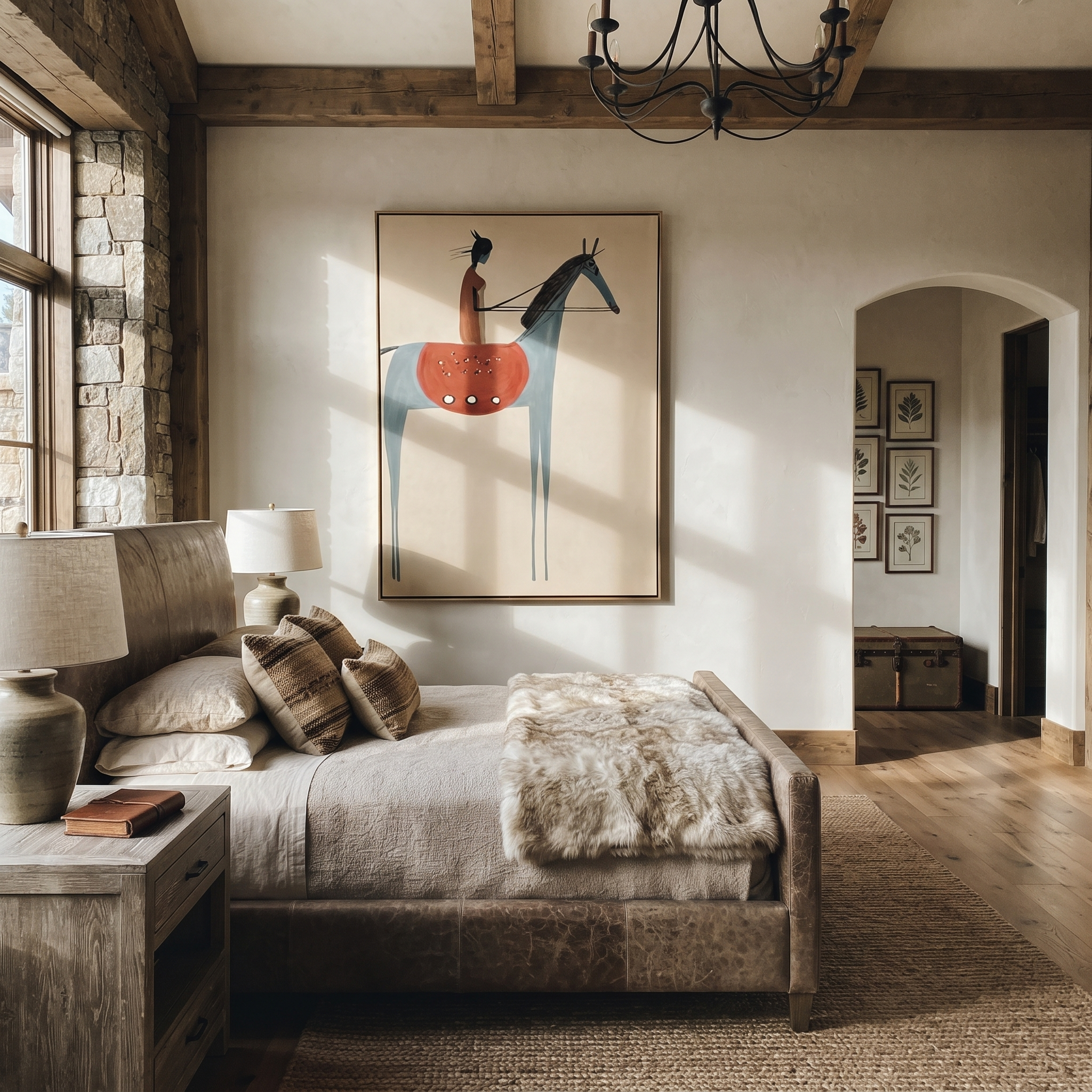 Gentle Strength Carry the Morning - figure and horse painting by Isabelle Laurent, modern Western vertical wall art – styled room scene view 2