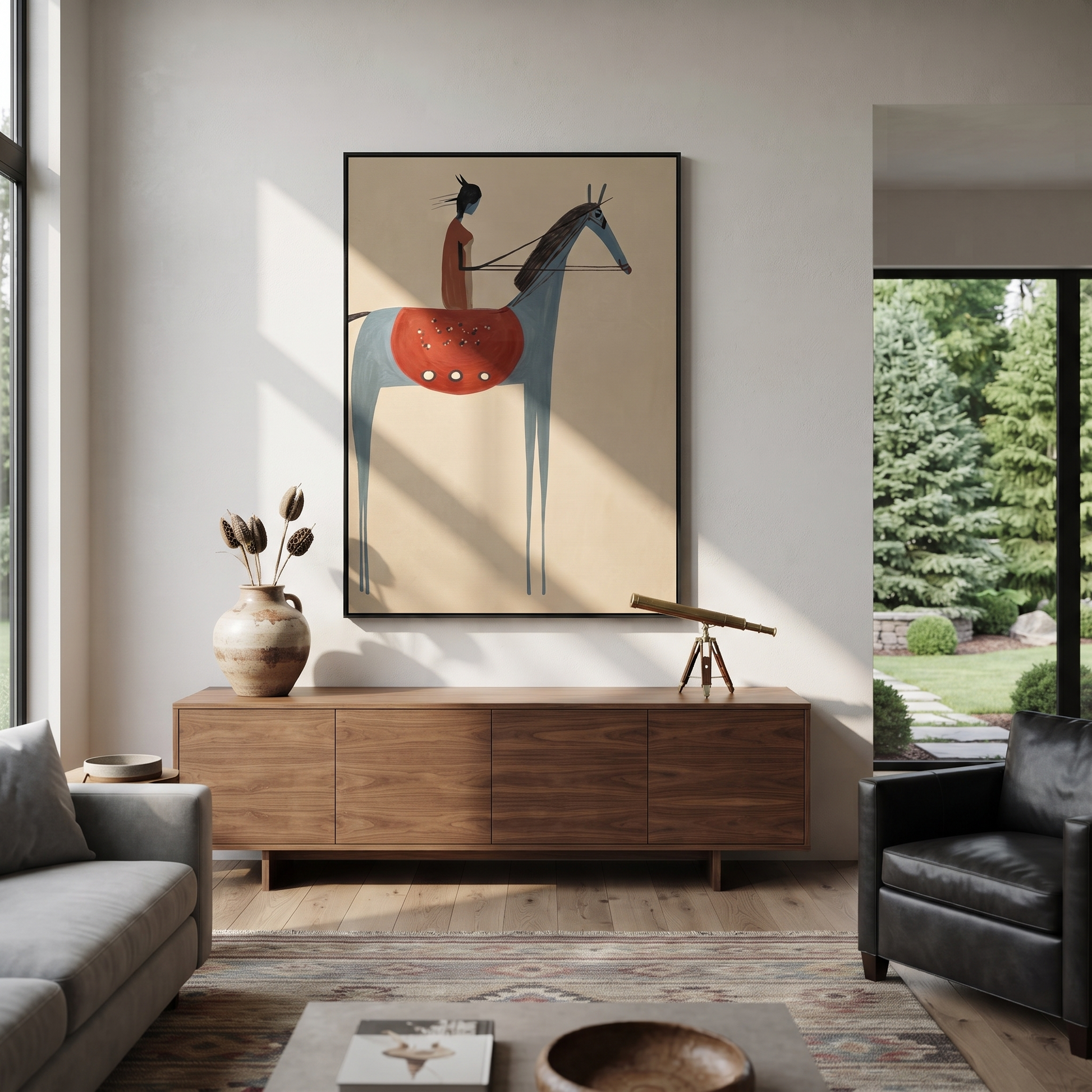 Gentle Strength Carry the Morning - figure and horse painting by Isabelle Laurent, modern Western vertical wall art – styled room scene view 4
