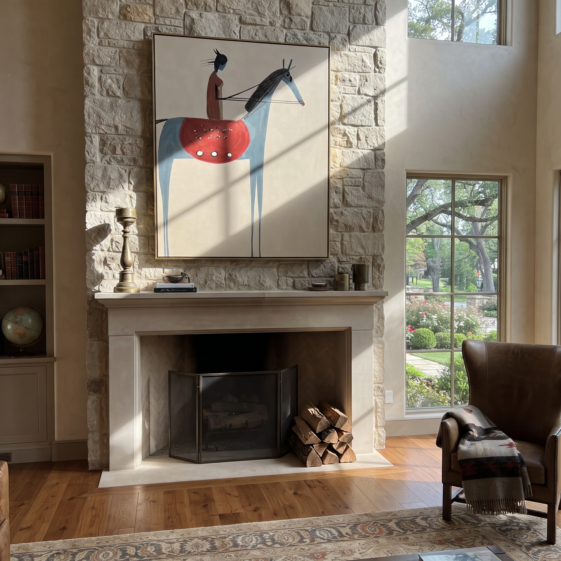 Gentle Strength Carry the Morning - figure and horse painting by Isabelle Laurent, modern Western vertical wall art – styled room scene view 5