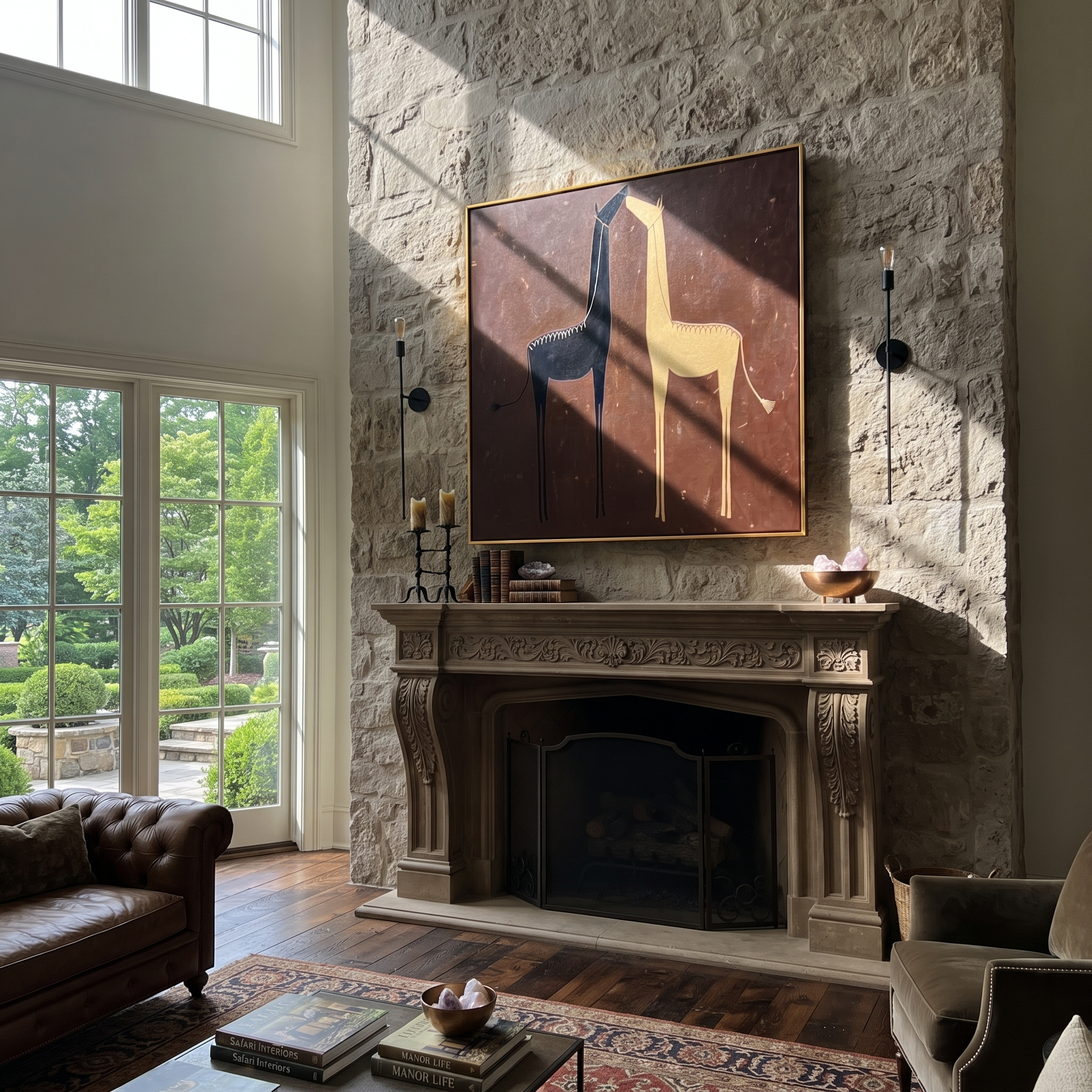 Desert Rhythm Carry the Morning - two horse painting by Isabelle Laurent, modern Western square wall art – styled room scene view 2