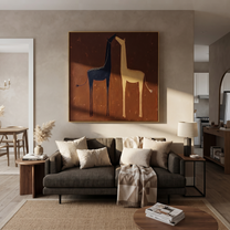 Desert Rhythm Carry the Morning - two horse painting by Isabelle Laurent, modern Western square wall art – styled room scene view 4