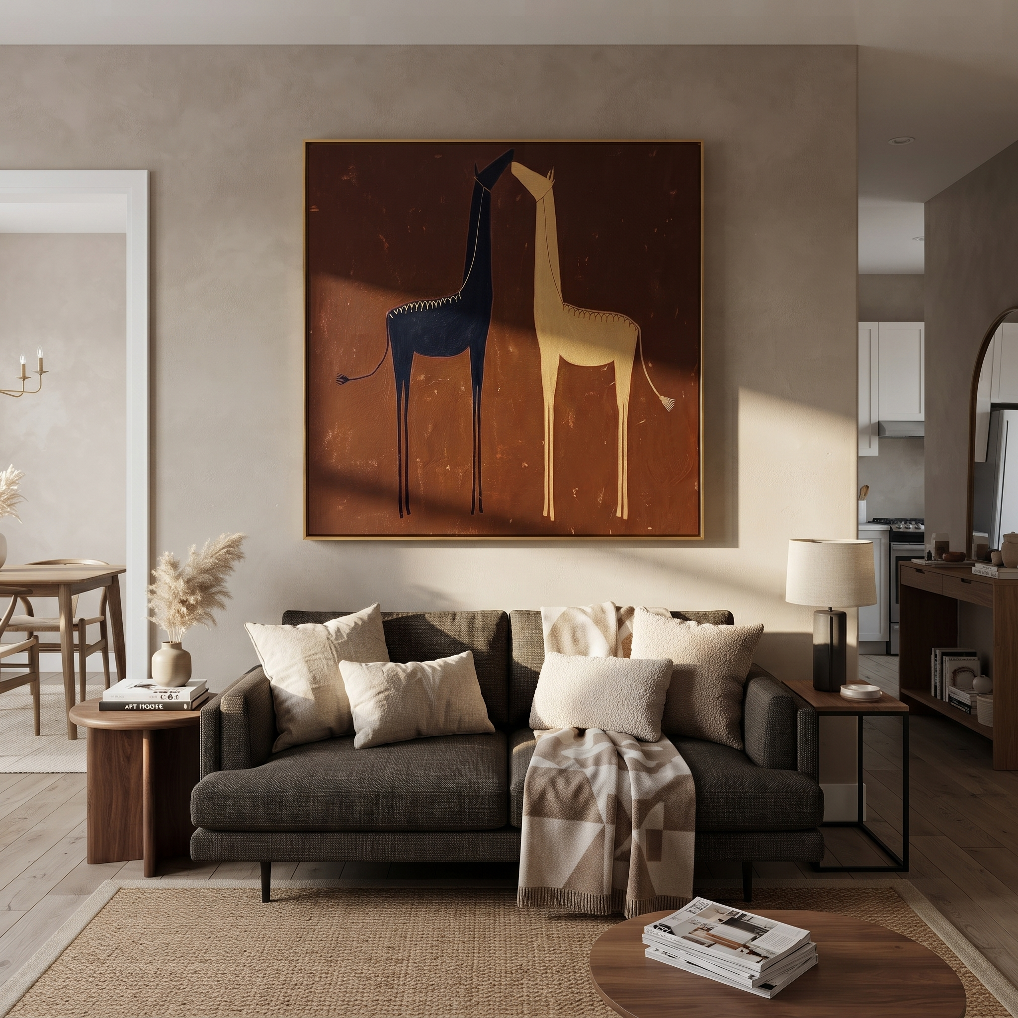 Desert Rhythm Carry the Morning - two horse painting by Isabelle Laurent, modern Western square wall art – styled room scene view 4