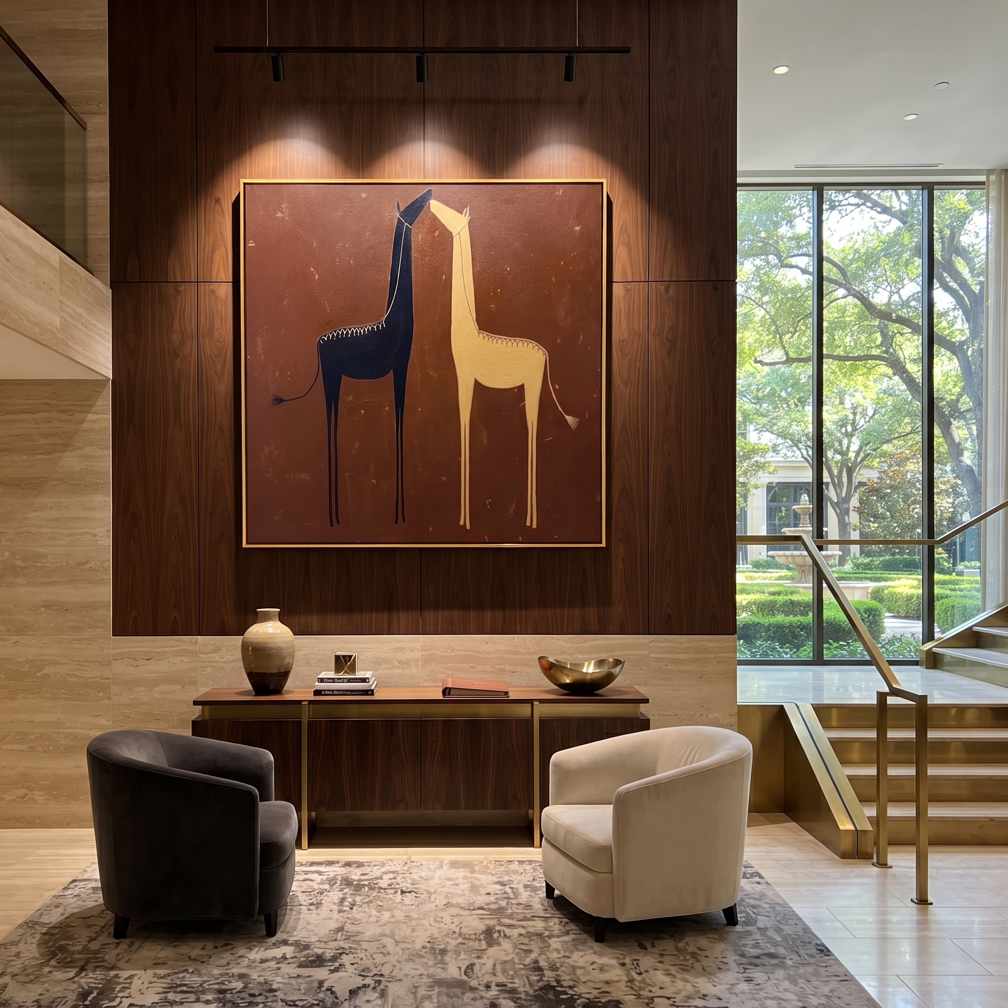 Desert Rhythm Carry the Morning - two horse painting by Isabelle Laurent, modern Western square wall art – styled room scene view 5