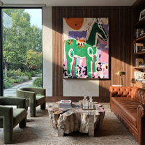 Moonlit Horse Carry the Morning - modern horse portrait by Isabelle Laurent, modern Western vertical wall art – styled room scene view 1