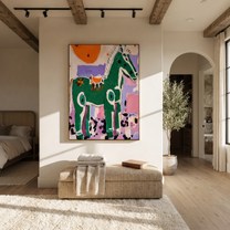 Moonlit Horse Carry the Morning - modern horse portrait by Isabelle Laurent, modern Western vertical wall art – styled room scene view 2