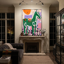 Moonlit Horse Carry the Morning - modern horse portrait by Isabelle Laurent, modern Western vertical wall art – styled room scene view 3