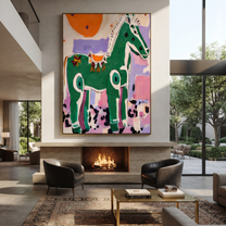 Moonlit Horse Carry the Morning - modern horse portrait by Isabelle Laurent, modern Western vertical wall art – styled room scene view 4