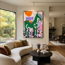 Moonlit Horse Carry the Morning - modern horse portrait by Isabelle Laurent, modern Western vertical wall art – styled room scene view 5
