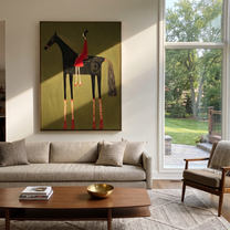 Wild Grace Carry the Morning - horse and rider painting by Isabelle Laurent, modern Western vertical wall art – styled room scene view 1