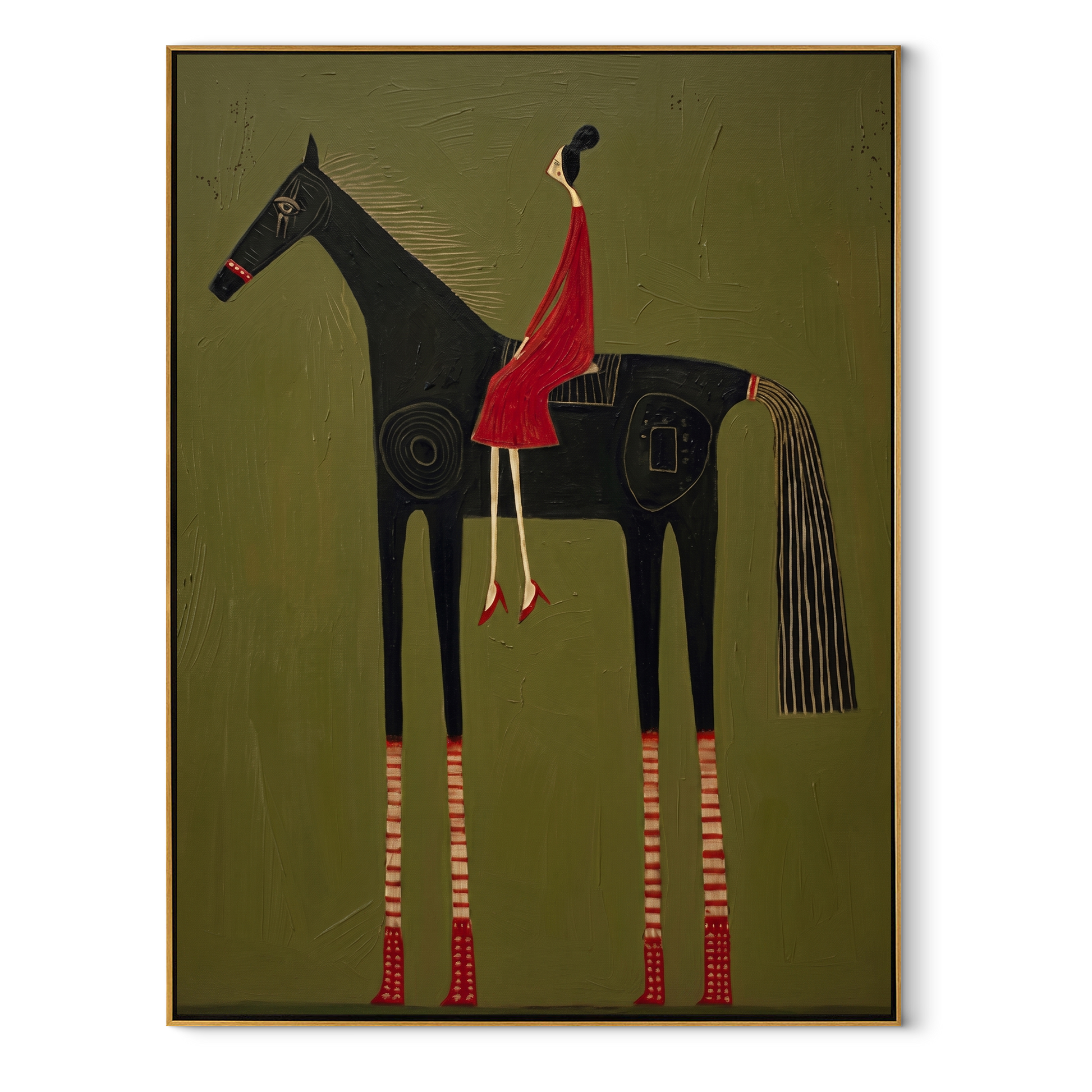 Wild Grace Carry the Morning - horse and rider painting by Isabelle Laurent, modern Western vertical wall art – wood frame on white background