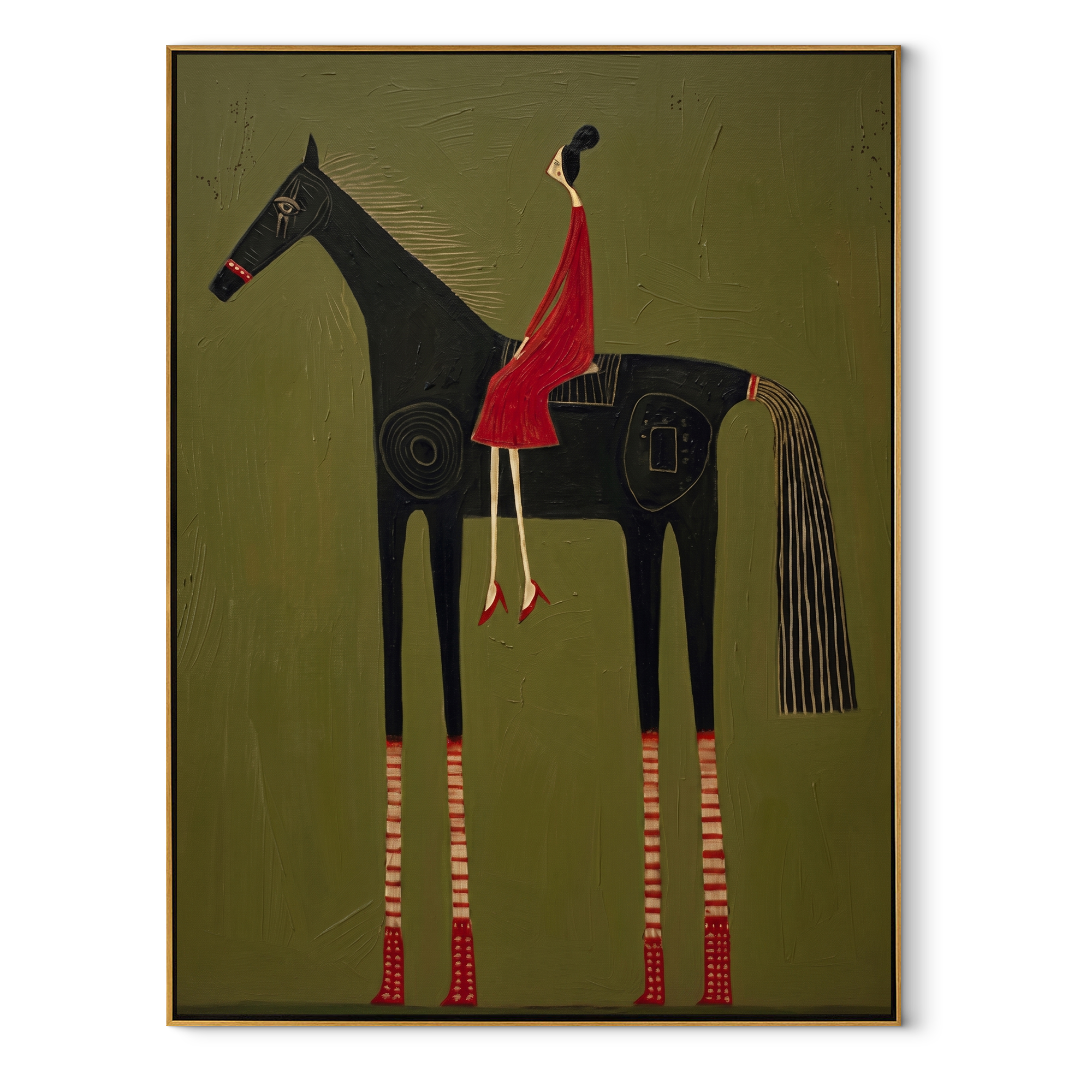 Wild Grace Carry the Morning - horse and rider painting by Isabelle Laurent, modern Western vertical wall art – wood frame on white background