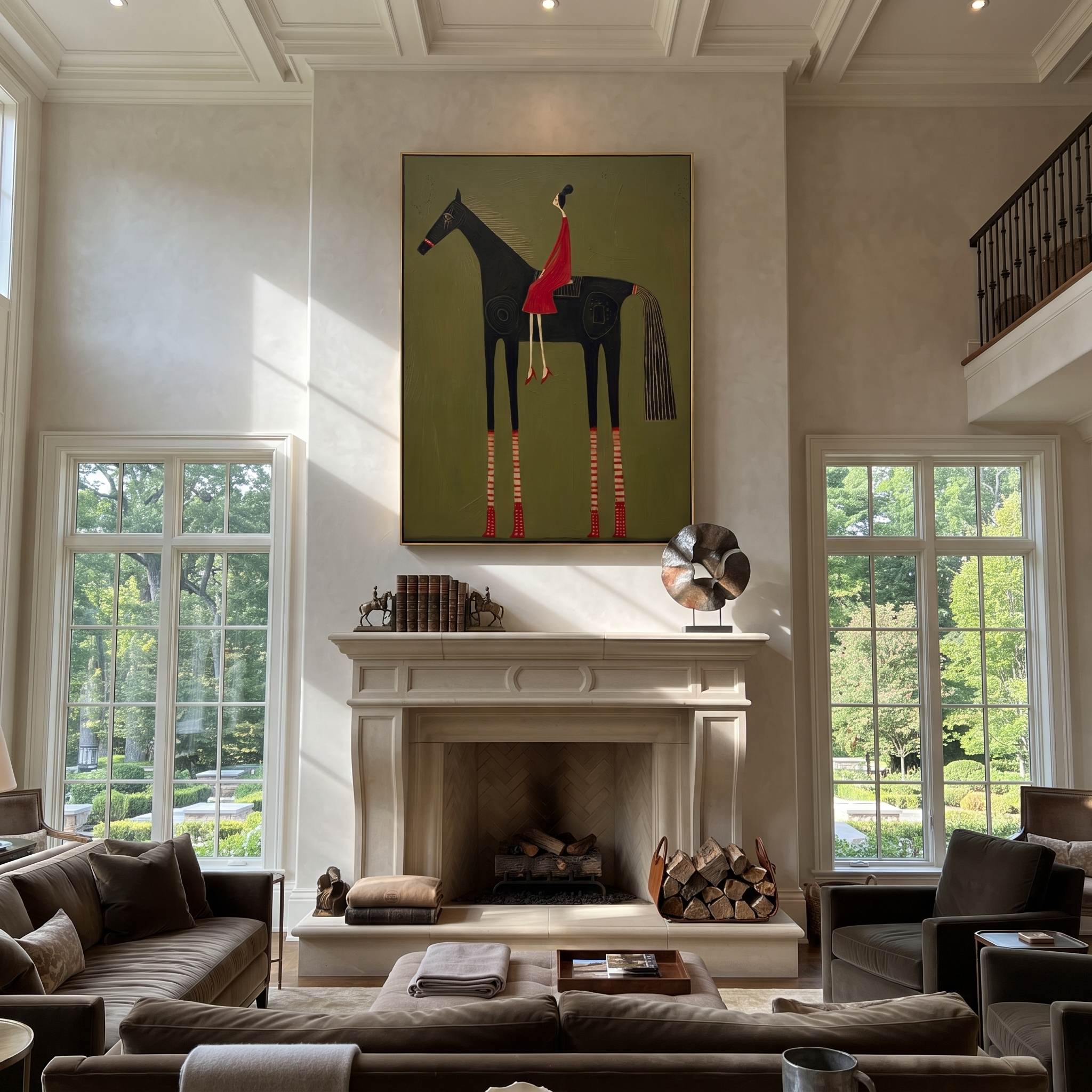 Wild Grace Carry the Morning - horse and rider painting by Isabelle Laurent, modern Western vertical wall art – styled room scene view 2