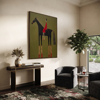 Wild Grace Carry the Morning - horse and rider painting by Isabelle Laurent, modern Western vertical wall art – styled room scene view 3