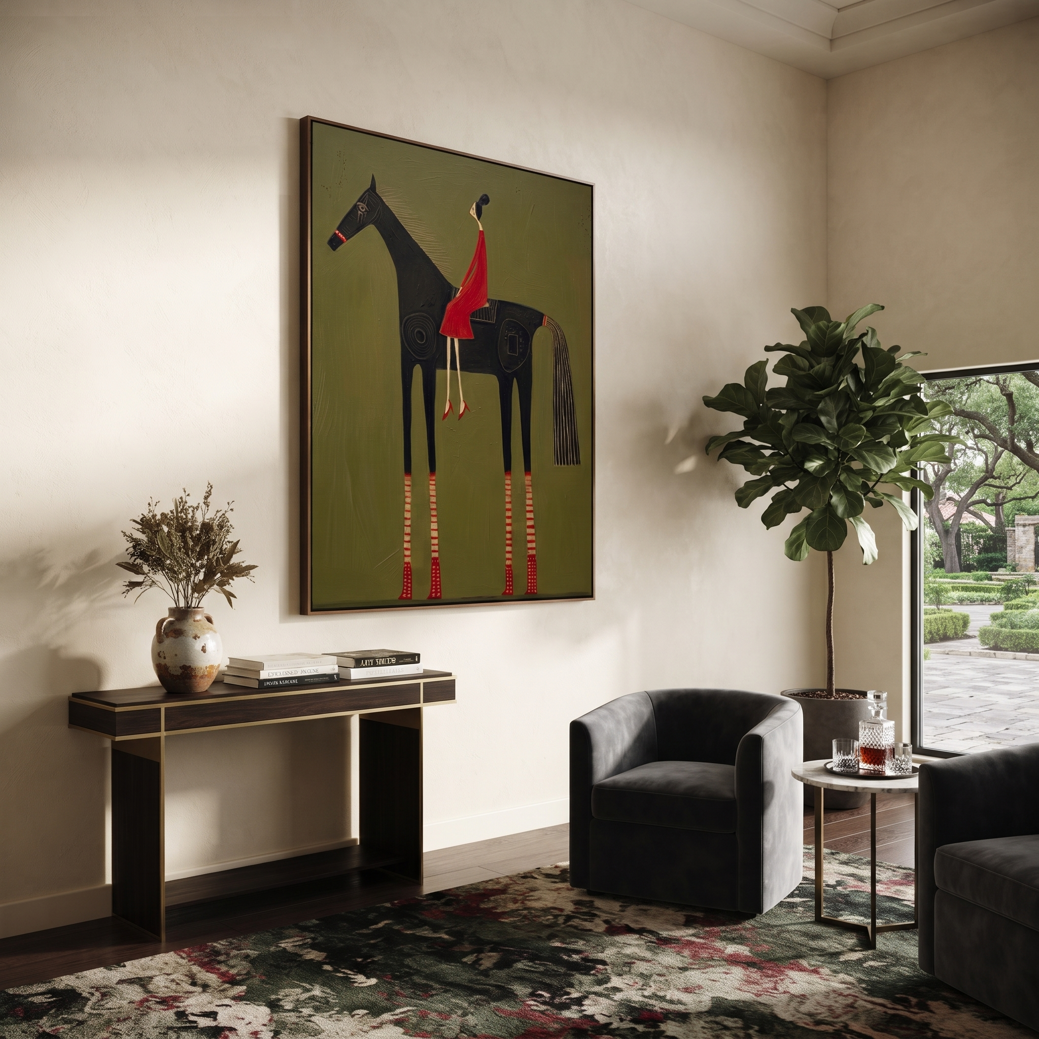 Wild Grace Carry the Morning - horse and rider painting by Isabelle Laurent, modern Western vertical wall art – styled room scene view 3