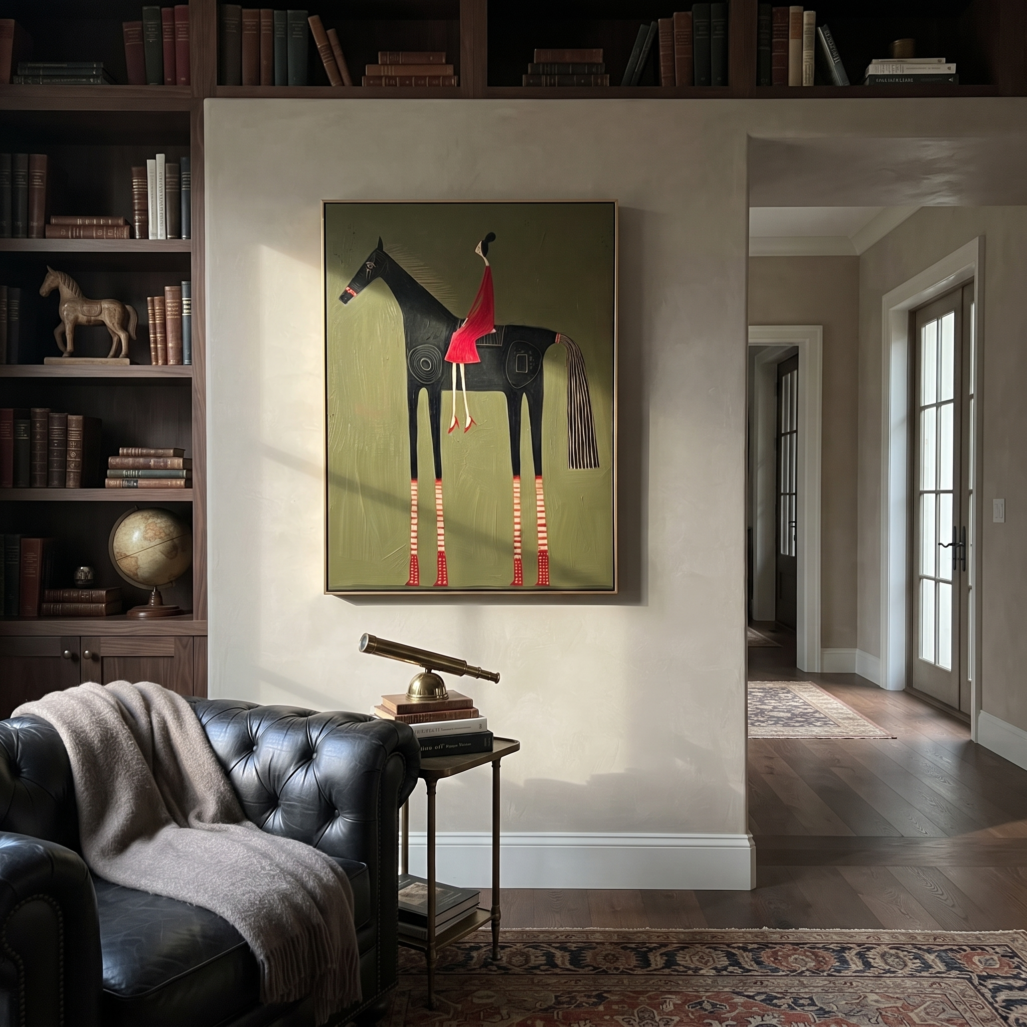 Wild Grace Carry the Morning - horse and rider painting by Isabelle Laurent, modern Western vertical wall art – styled room scene view 4