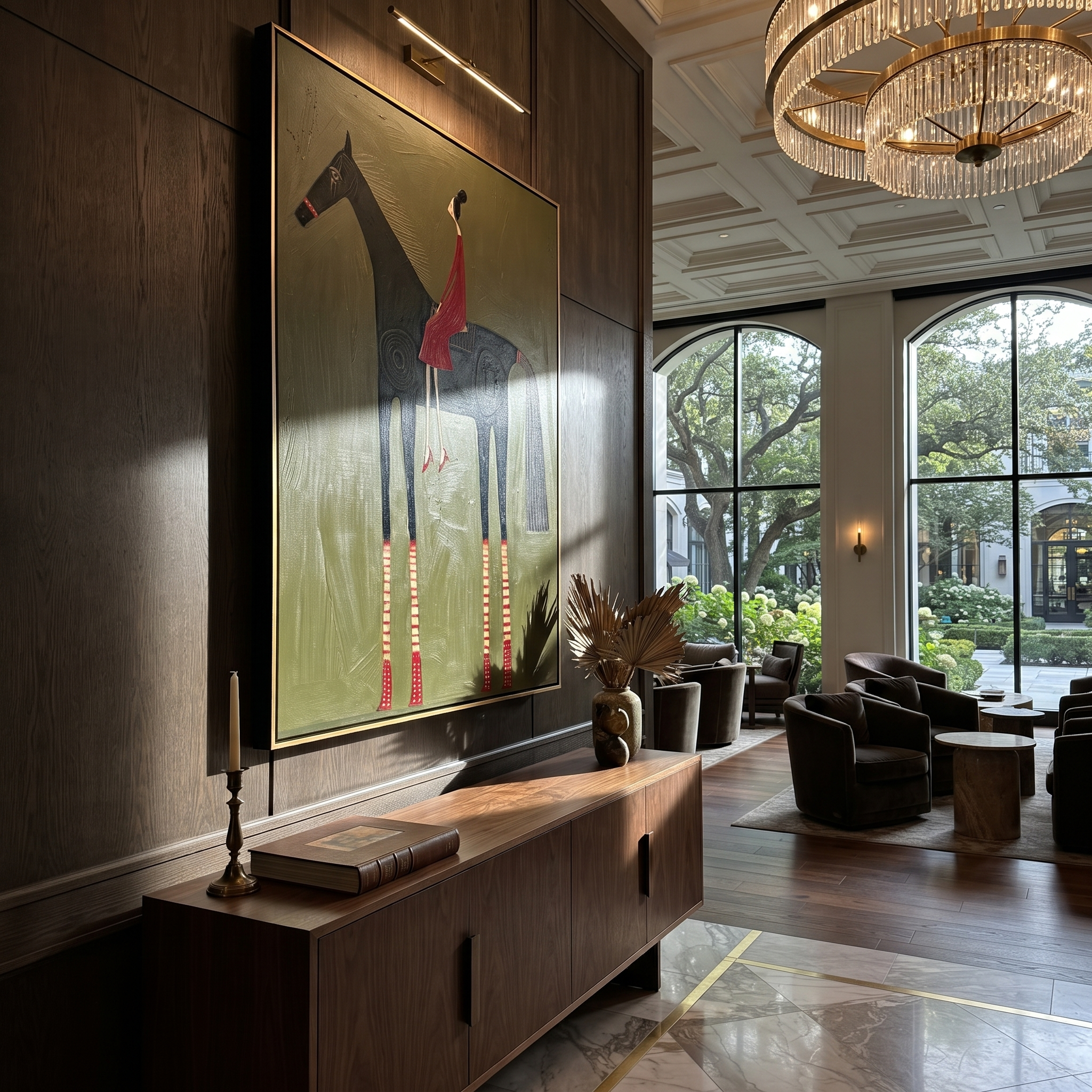 Wild Grace Carry the Morning - horse and rider painting by Isabelle Laurent, modern Western vertical wall art – styled room scene view 5