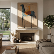 Sage Horizon Carry the Morning - horse and rider painting by Isabelle Laurent, modern Western vertical wall art – styled room scene view 1