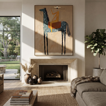 Sage Horizon Carry the Morning - horse and rider painting by Isabelle Laurent, modern Western vertical wall art – styled room scene view 1