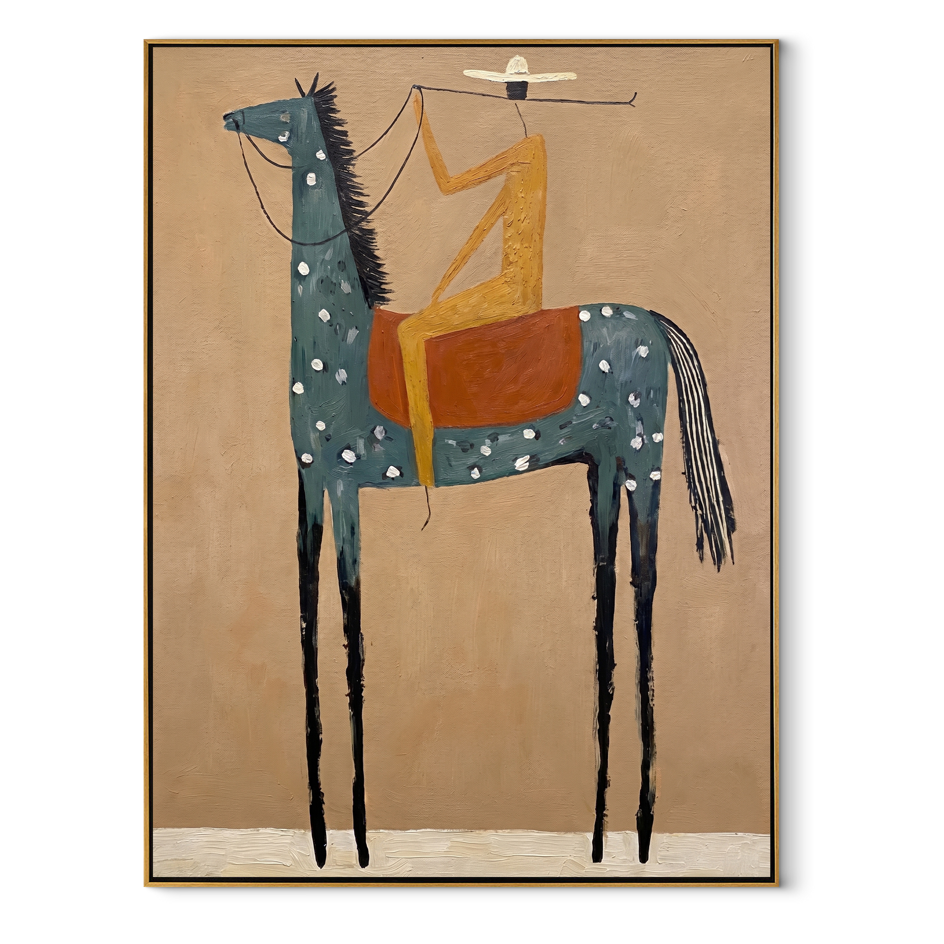 Sage Horizon Carry the Morning - horse and rider painting by Isabelle Laurent, modern Western vertical wall art – wood frame on white background