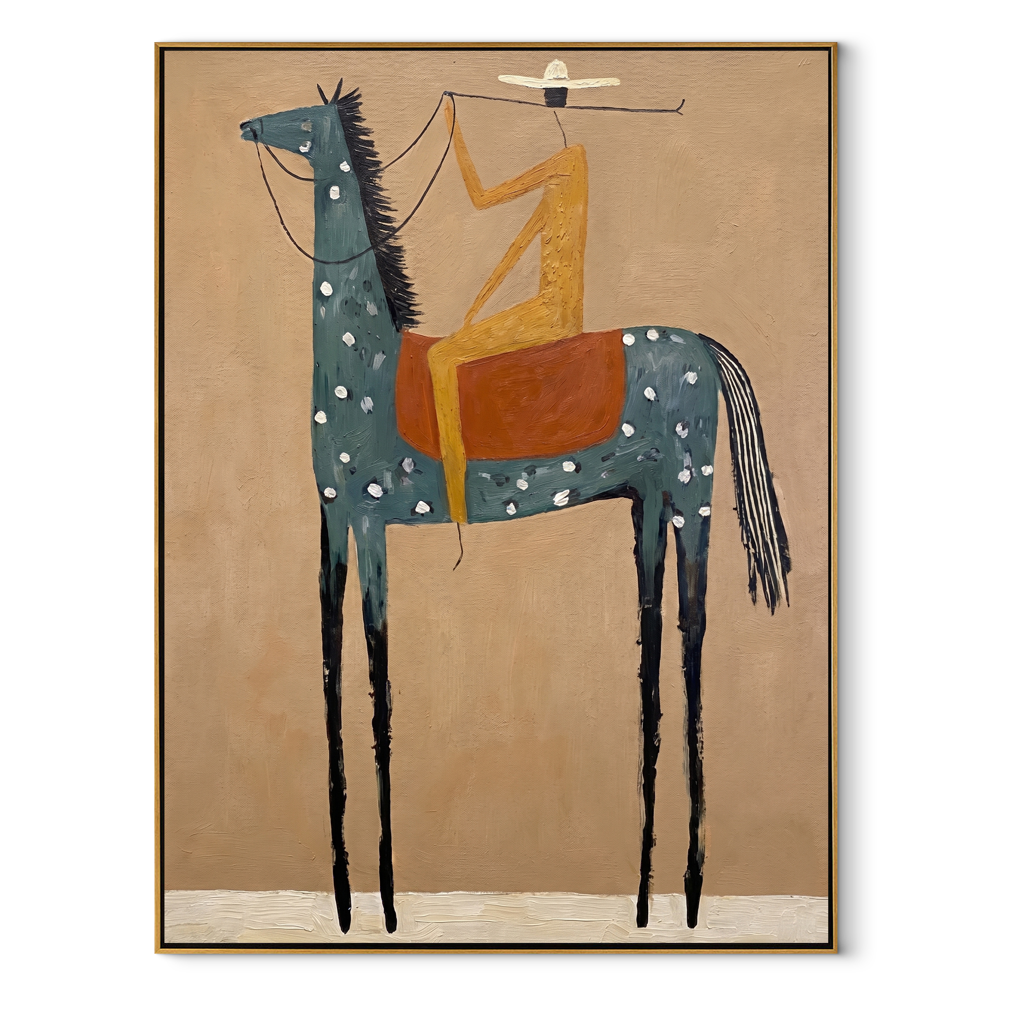 Sage Horizon Carry the Morning - horse and rider painting by Isabelle Laurent, modern Western vertical wall art – wood frame on white background