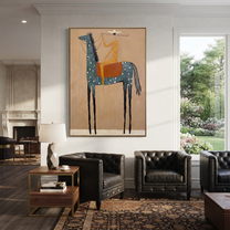 Sage Horizon Carry the Morning - horse and rider painting by Isabelle Laurent, modern Western vertical wall art – styled room scene view 2