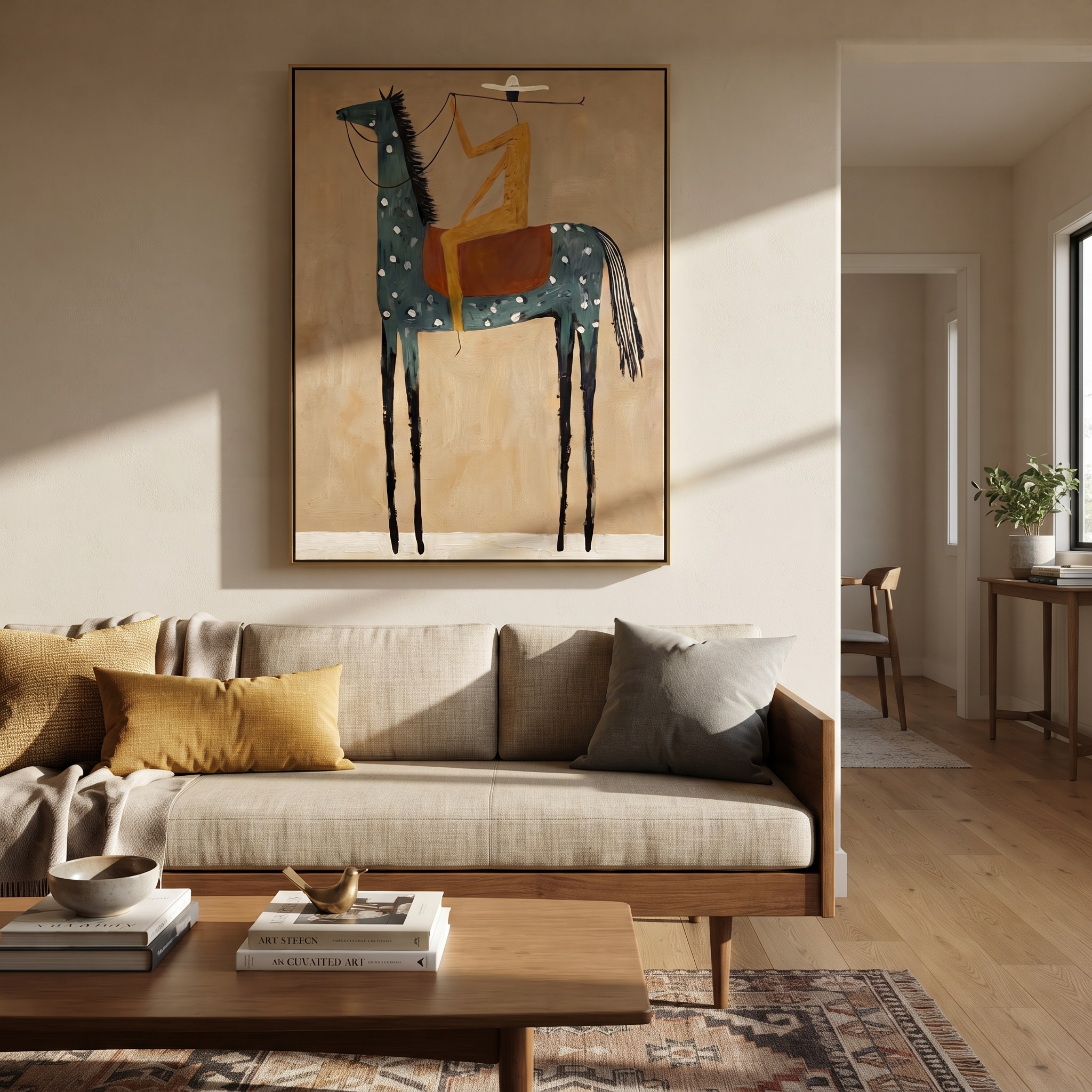 Sage Horizon Carry the Morning - horse and rider painting by Isabelle Laurent, modern Western vertical wall art – styled room scene view 3