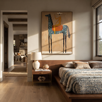 Sage Horizon Carry the Morning - horse and rider painting by Isabelle Laurent, modern Western vertical wall art – styled room scene view 4