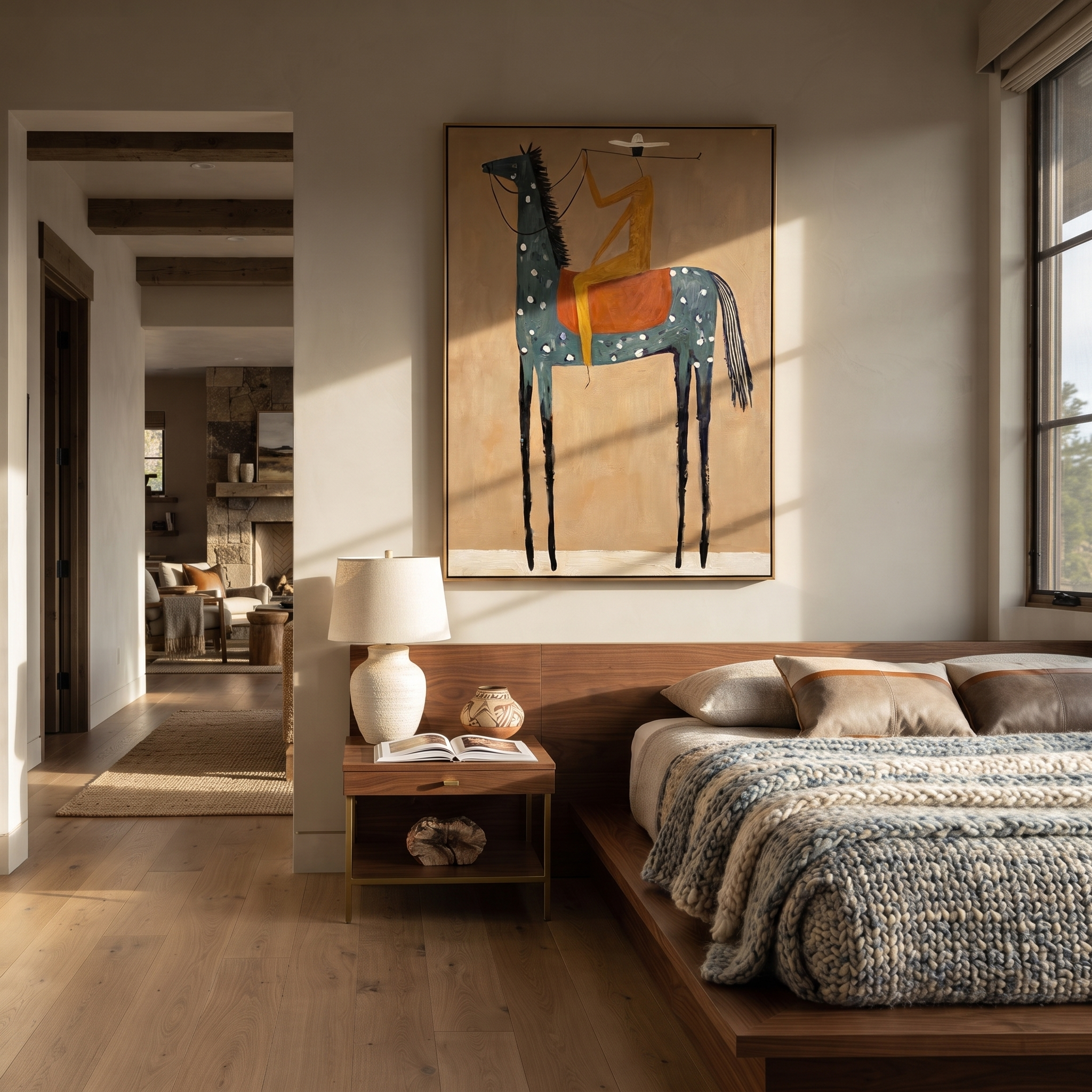 Sage Horizon Carry the Morning - horse and rider painting by Isabelle Laurent, modern Western vertical wall art – styled room scene view 4