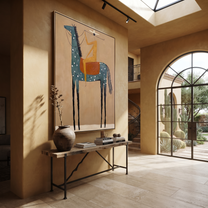 Sage Horizon Carry the Morning - horse and rider painting by Isabelle Laurent, modern Western vertical wall art – styled room scene view 5