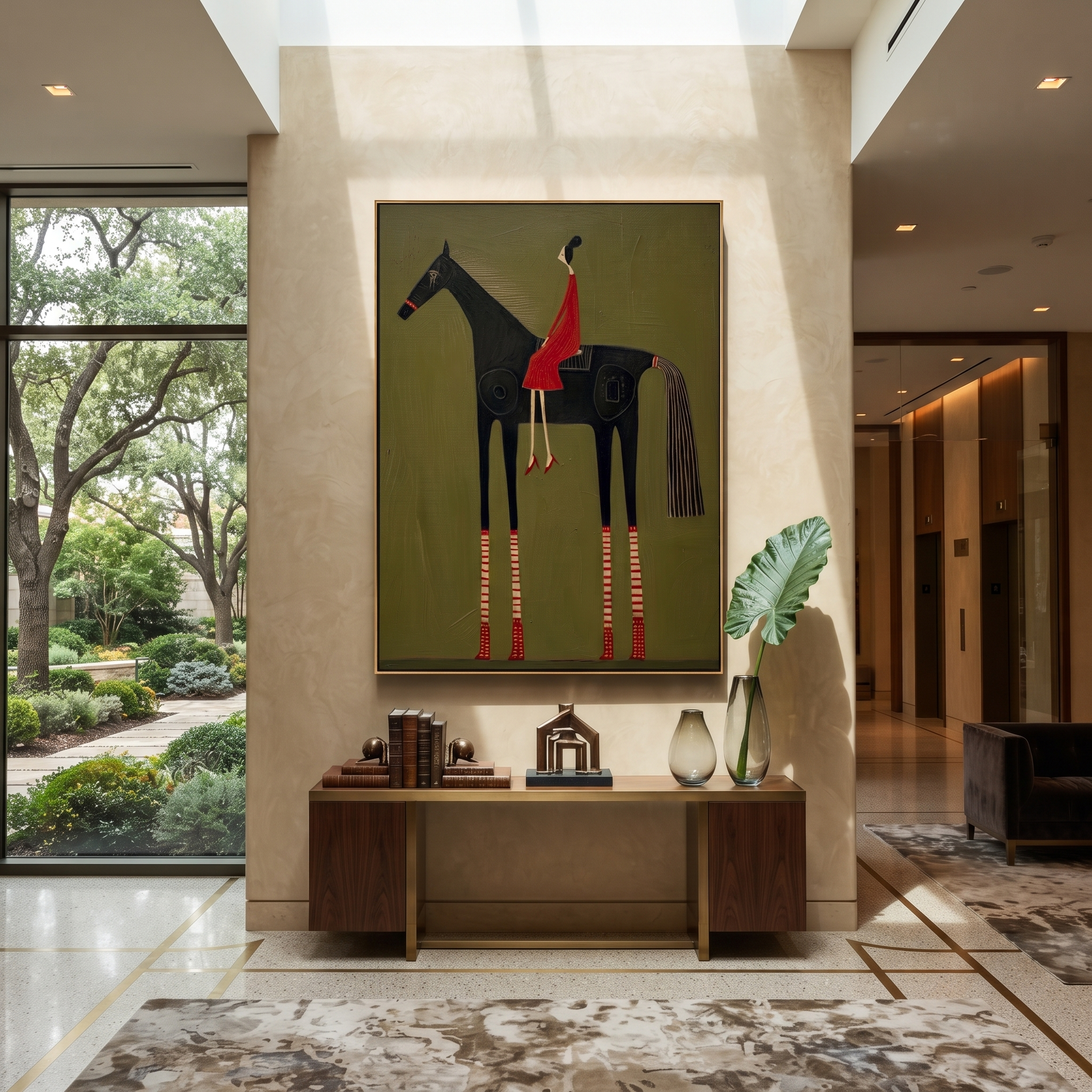 Amber Trail Carry the Morning - horse and rider painting by Isabelle Laurent, modern Western vertical wall art – styled room scene view 1