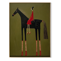 Amber Trail Carry the Morning - horse and rider painting by Isabelle Laurent, modern Western vertical wall art – wood frame on white background