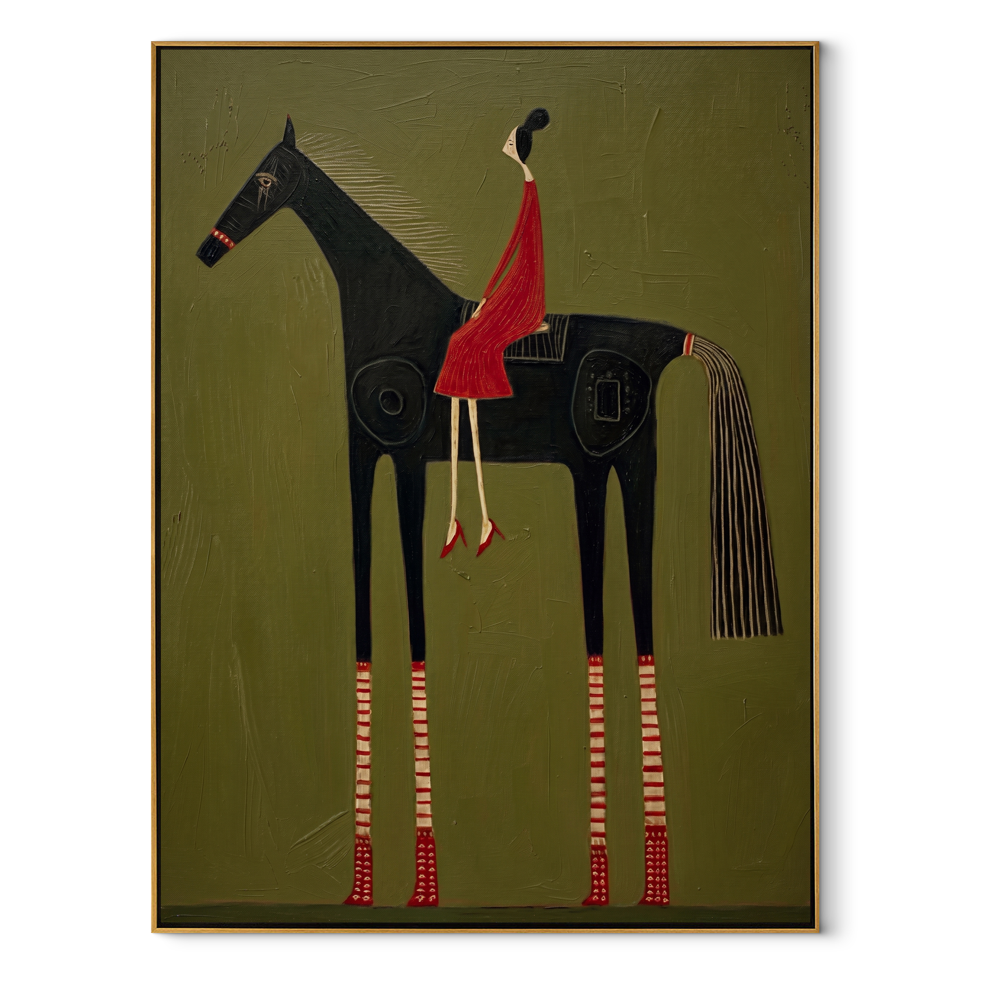 Amber Trail Carry the Morning - horse and rider painting by Isabelle Laurent, modern Western vertical wall art – wood frame on white background