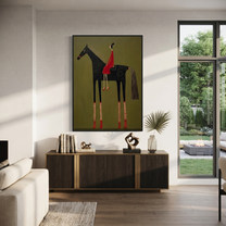 Amber Trail Carry the Morning - horse and rider painting by Isabelle Laurent, modern Western vertical wall art – styled room scene view 2