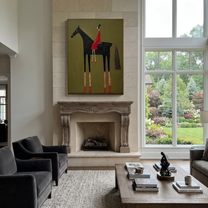 Amber Trail Carry the Morning - horse and rider painting by Isabelle Laurent, modern Western vertical wall art – styled room scene view 3