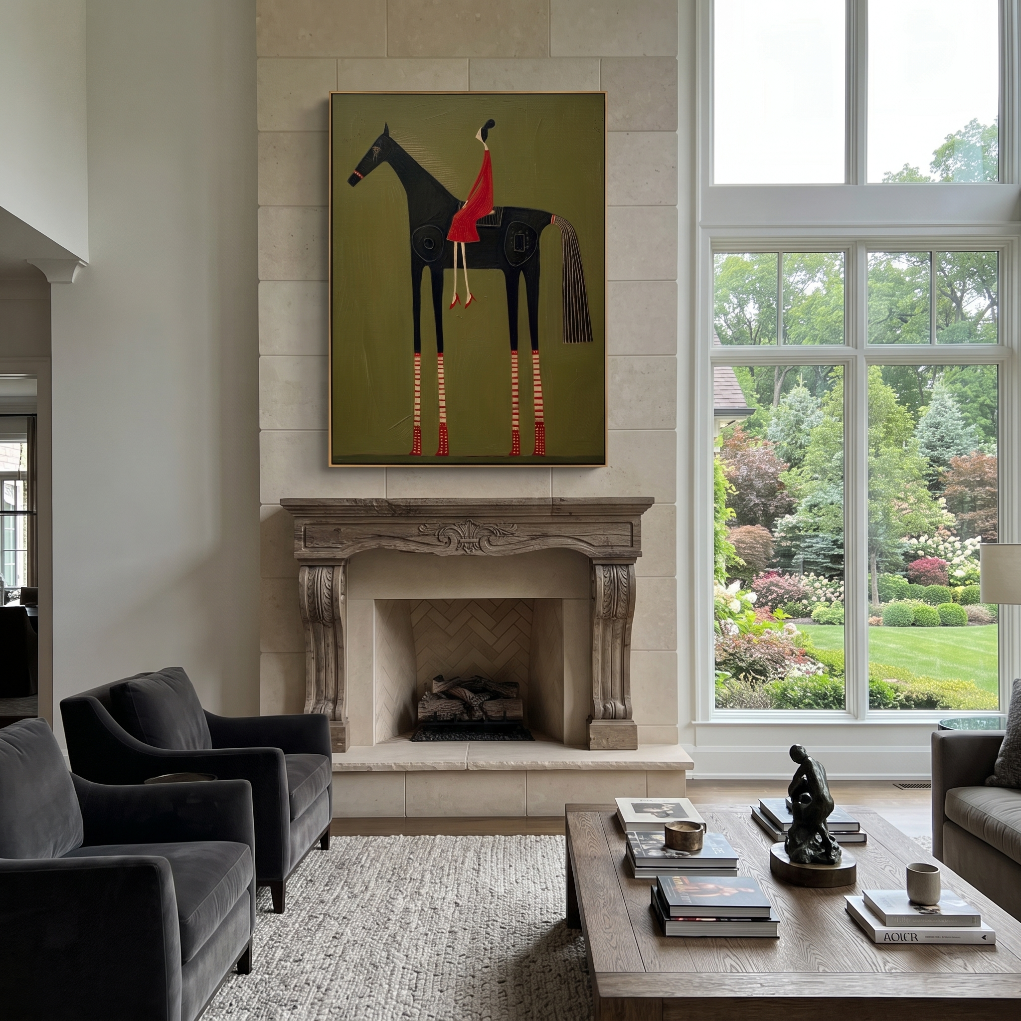 Amber Trail Carry the Morning - horse and rider painting by Isabelle Laurent, modern Western vertical wall art – styled room scene view 3