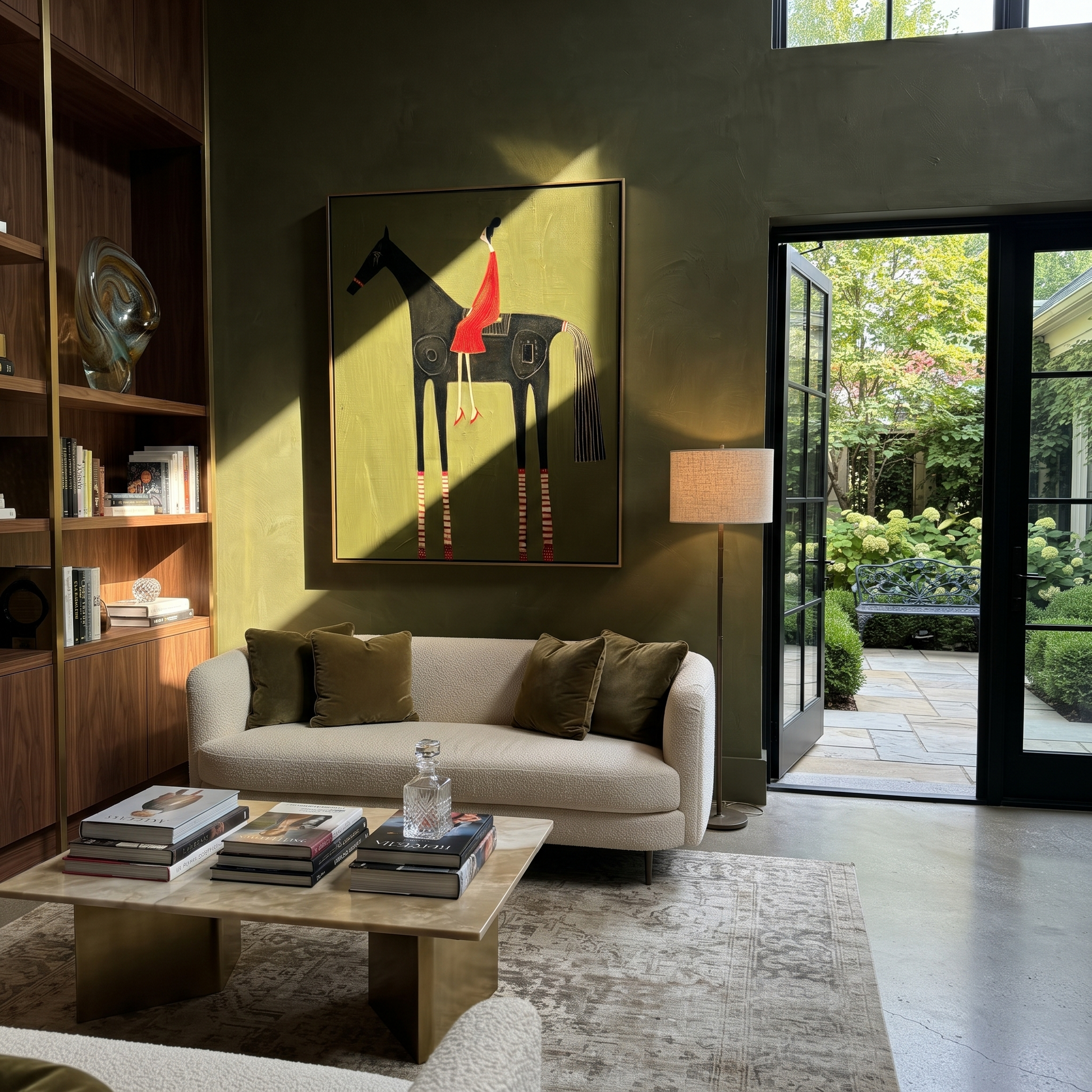 Amber Trail Carry the Morning - horse and rider painting by Isabelle Laurent, modern Western vertical wall art – styled room scene view 4