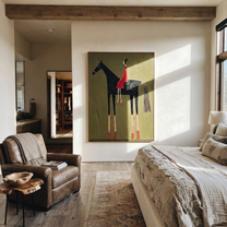 Amber Trail Carry the Morning - horse and rider painting by Isabelle Laurent, modern Western vertical wall art – styled room scene view 5