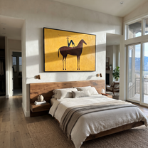 Still Hooves Meet the Open Sky - horse and rider painting by Isabelle Laurent, modern Western horizontal wall art – styled room scene view 1