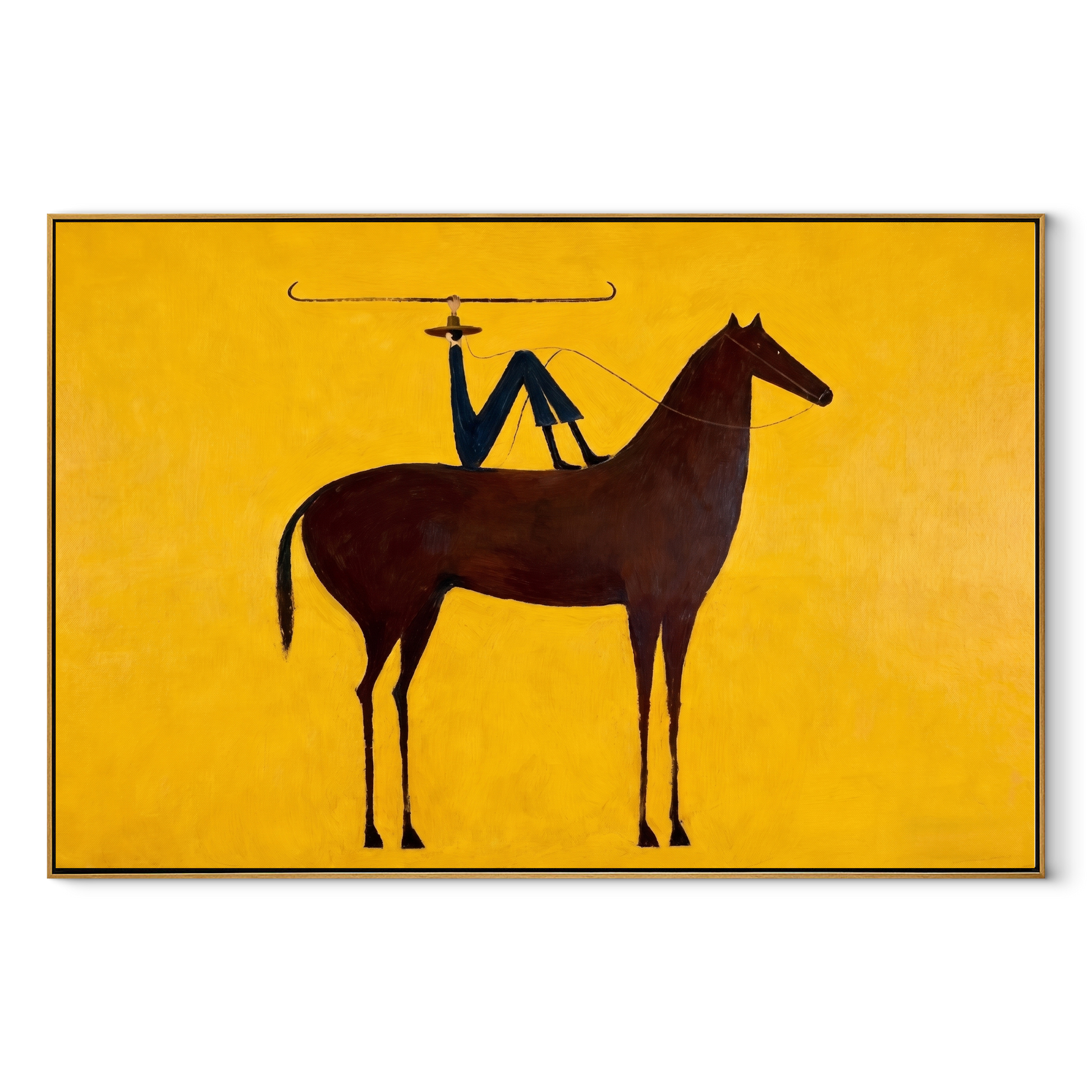 Still Hooves Meet the Open Sky - horse and rider painting by Isabelle Laurent, modern Western horizontal wall art – wood frame on white background