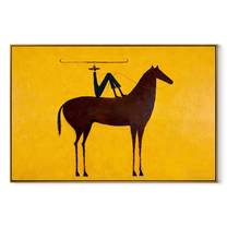 Still Hooves Meet the Open Sky - horse and rider painting by Isabelle Laurent, modern Western horizontal wall art – wood frame on white background