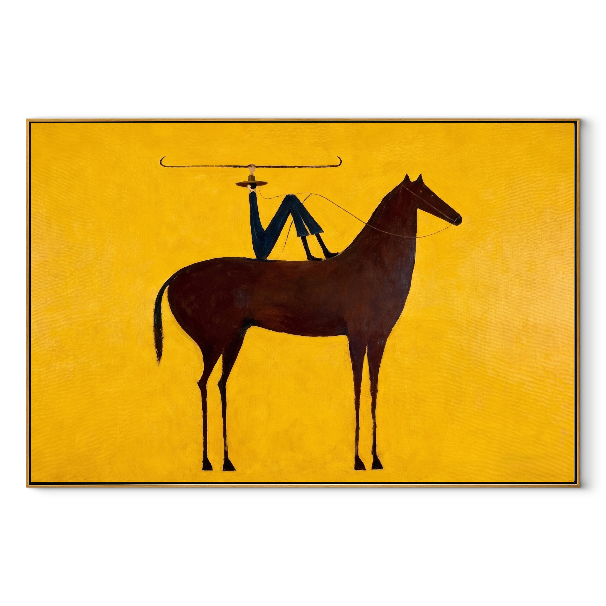 Still Hooves Meet the Open Sky - horse and rider painting by Isabelle Laurent, modern Western horizontal wall art – wood frame on white background