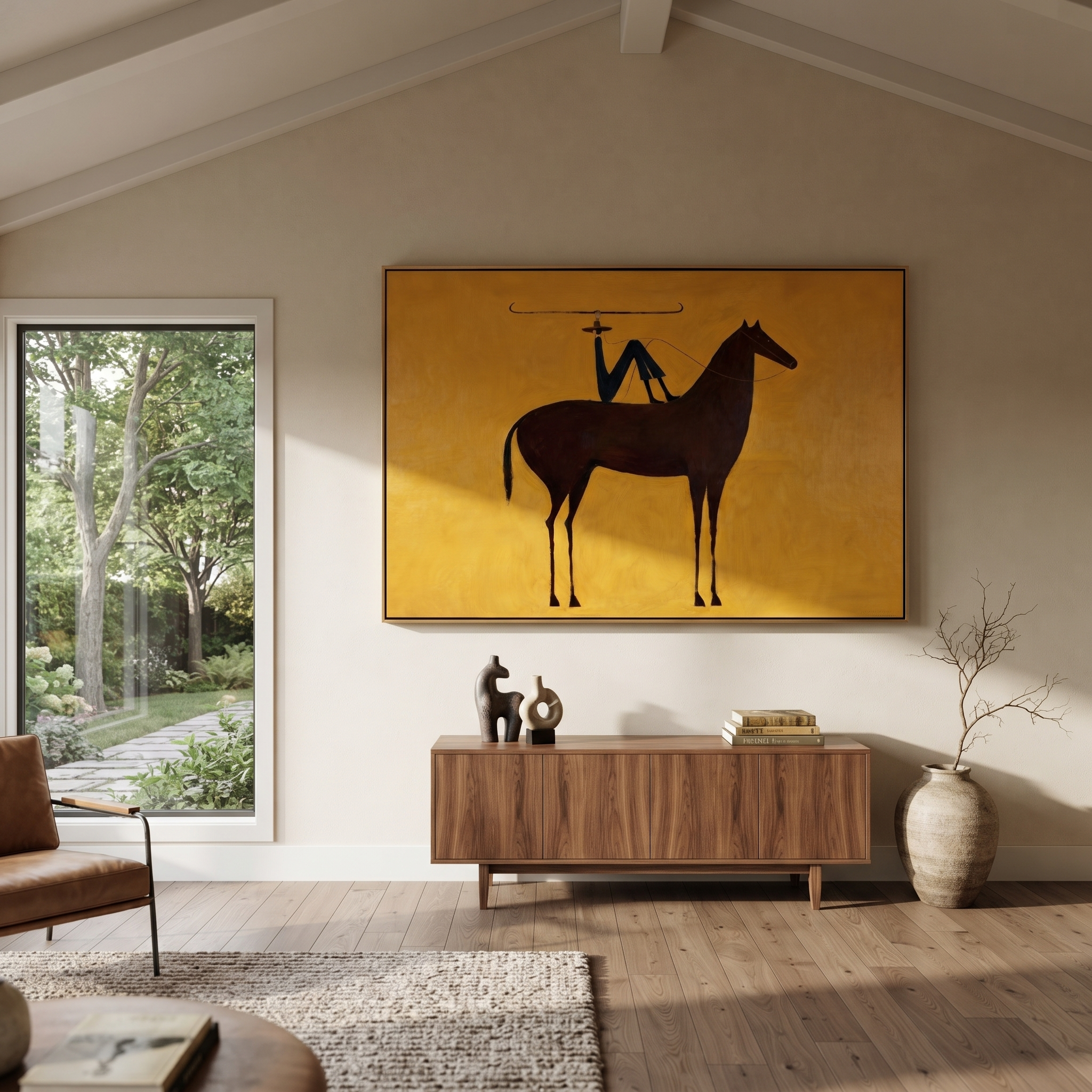 Still Hooves Meet the Open Sky - horse and rider painting by Isabelle Laurent, modern Western horizontal wall art – styled room scene view 2