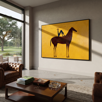 Still Hooves Meet the Open Sky - horse and rider painting by Isabelle Laurent, modern Western horizontal wall art – styled room scene view 4