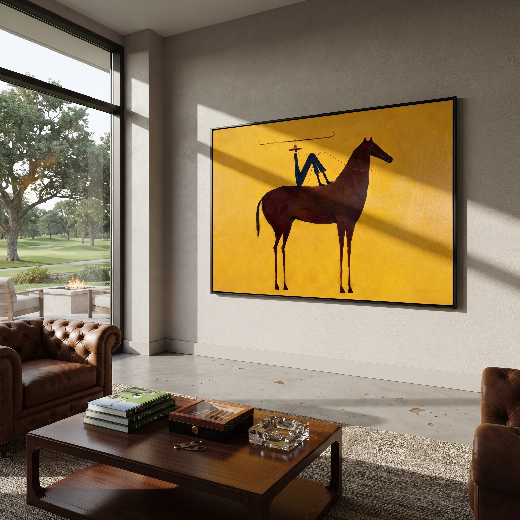 Still Hooves Meet the Open Sky - horse and rider painting by Isabelle Laurent, modern Western horizontal wall art – styled room scene view 4