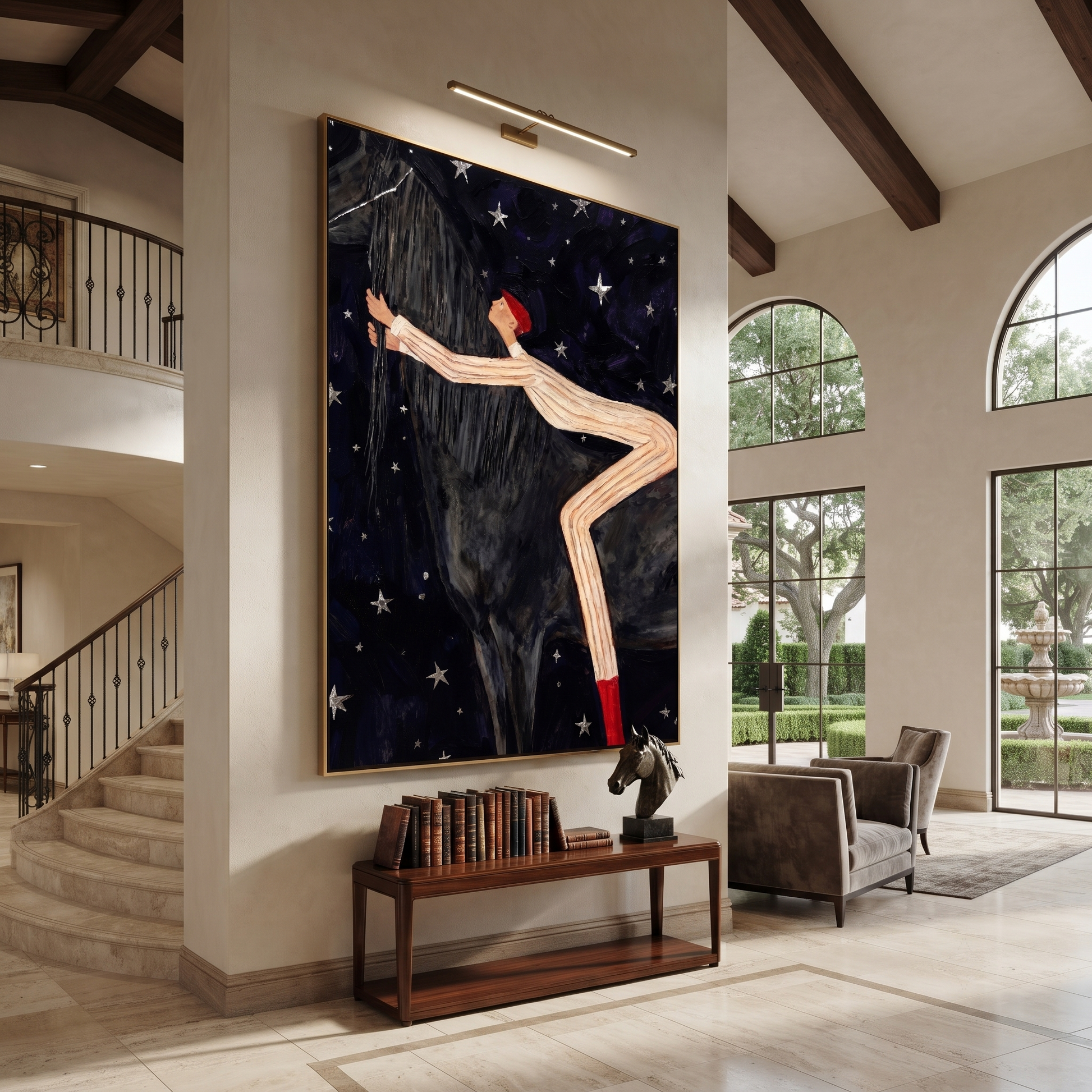 Midnight Rider Meet the Open Sky - figure and horse painting by Isabelle Laurent, modern Western vertical wall art – styled room scene view 1